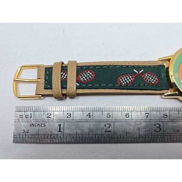 Vintage Santa Tennis Watch Japan Quartz New Battery Green Strap Unisex Gold Tone - Picture 9 of 12